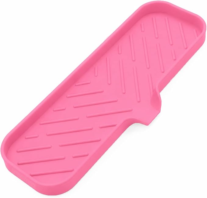MicoYang Silicone Soap Dish with Drain Spout — Self-Draining Double Sink Organizer Tray for Kitchen & Bathroom, Dispensers, Sponges & Soap Holder, Non-Slip & Dishwasher Safe, Rose (Large, 12"×4")