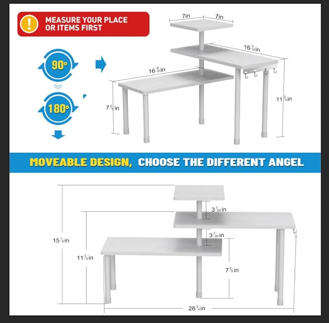 JayRex 3-Tier Bathroom Countertop Corner Shelf Organizer, White | Space-saving corner design organizes spices, skincare and toiletries on kitchen and bathroom counters.