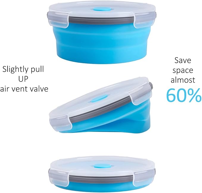 Collapsible Food Storage Containers Round with Airtight Lid, 27 oz, Kitchen Stacking Silicone Collapsible Meal Prep Container Set for Leftover, Microwave Freezer Dishwasher Safe, Blue, Set of 4