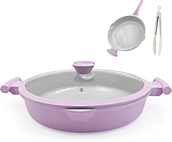 AIKENBBKK Ceramic Frying Pan with Lid, 14 Inch Saute Pan, Non Stick Frying Pans, 2-In-1 Large Cooking Pan, Nonstick Skillet, Compatible with All Stoves, PTFE & PFOA Free, Purple