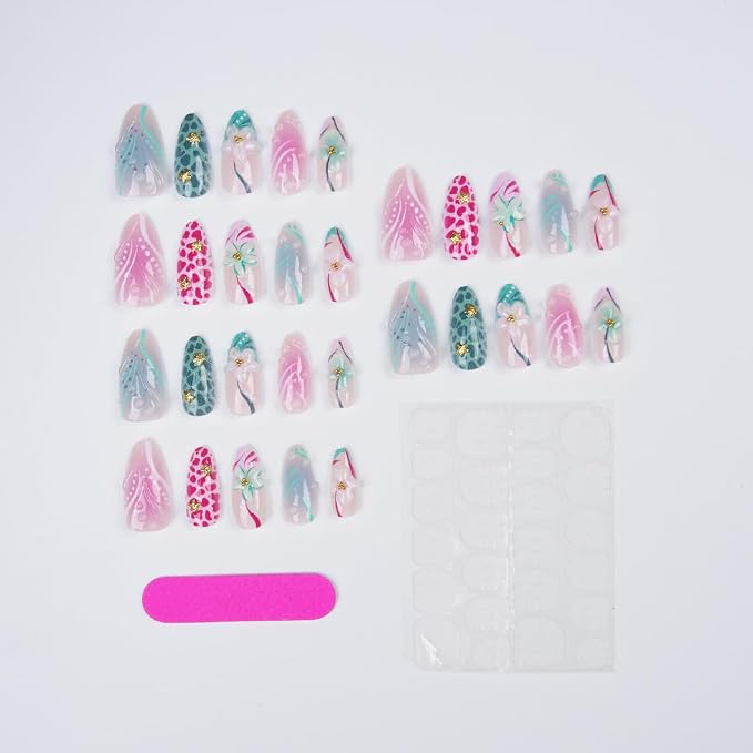 30Pcs Medium Press On Nails Almond Shape Pink Green Tropical Summer Fake Nails with Gold Starfish Pearl Design Beach False Nails 3D Floral Glue on Nails Reusable Acrylic Nails Press Ons for Women