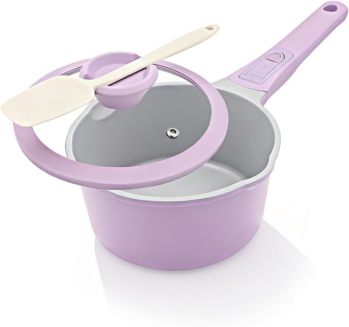 AIKENBBKK 1.5 Quarts Ceramic Nonstick Saucepan with Lid, Small Sauce Pot with Pour Spouts for Multipurpose Use, Milk Pan with Detachable Handle, Oven Safe, Purple