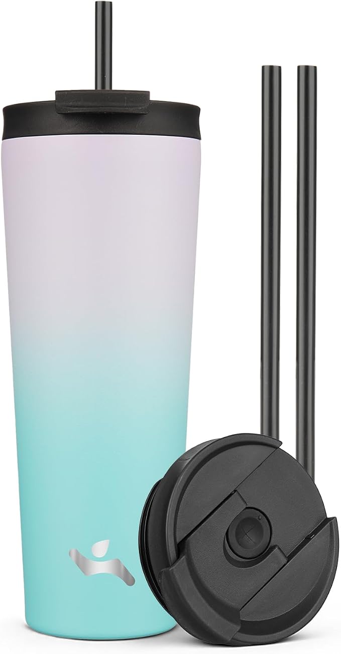 Konokyo 26 oz Insulated Tumbler Water Bottle with Straw Lid, Lavender Green | Stainless steel insulated tumbler for coffee, water and iced drinks; spill-proof lid, 2 straws, cup-holder friendly