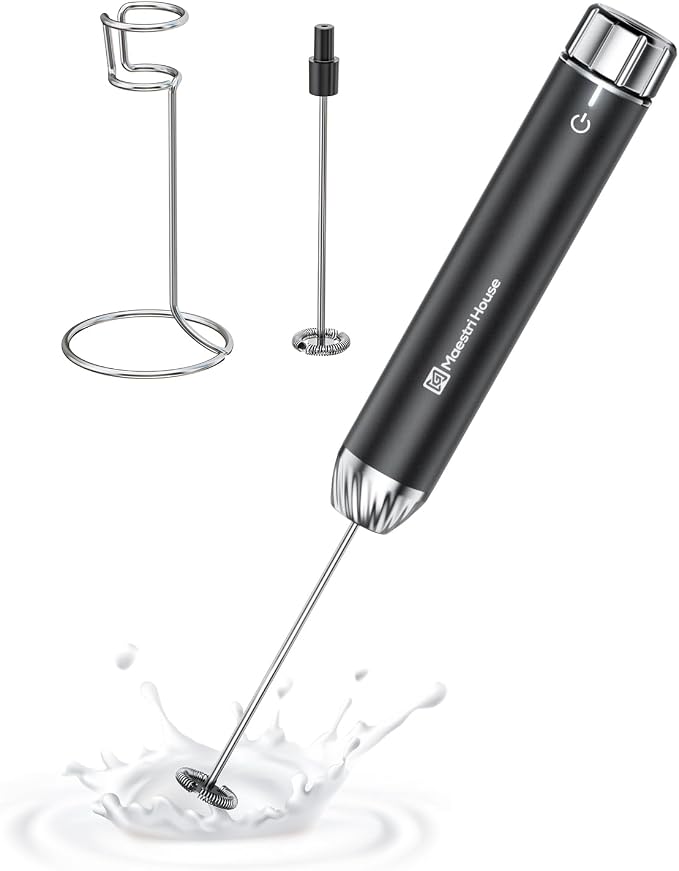 Maestri House LunaFro Max Rechargeable Milk Frother,Stepless Speed Control | 2000mAh lithium battery Frother Handheld, IPX6 Electric Drink Mixer with Stand & 2 Detachable Whisks for Lattes, Cappuccino