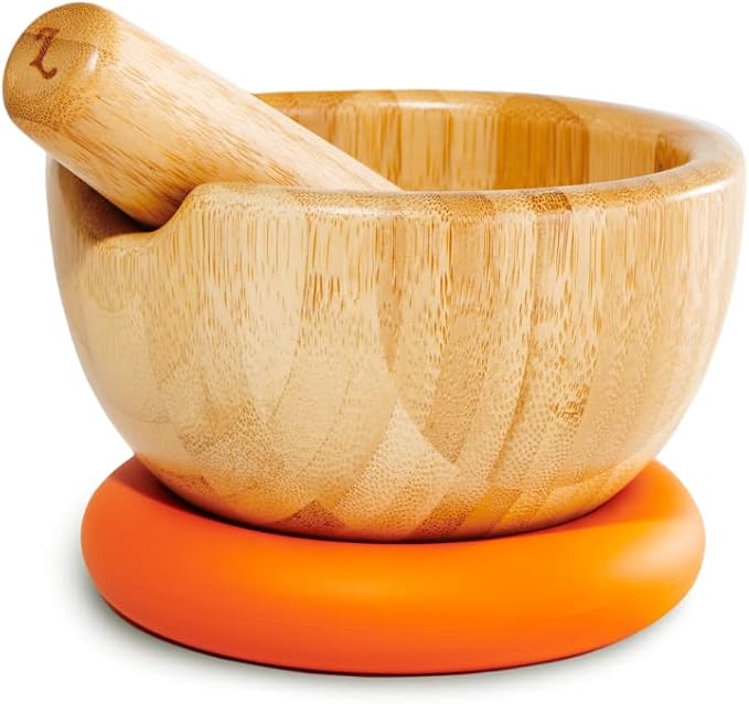 Loisa | Bamboo Mortar and Pestle with Silicone Base | 5.25" Mortar Bowl | Premium Latin Cooking Utensils | Orange