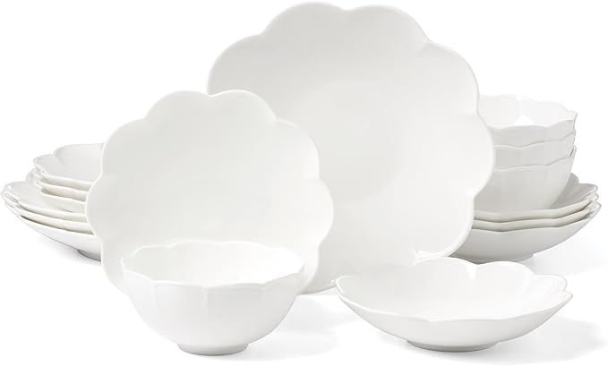 Lenox Studio 1414 Scallop Bone China 16-Piece Dinnerware Set for 4 | dishwasher safe | plates and bowls sets for kitchen and dining | 10.71 inch plate, dish set, dishes, chip resistant