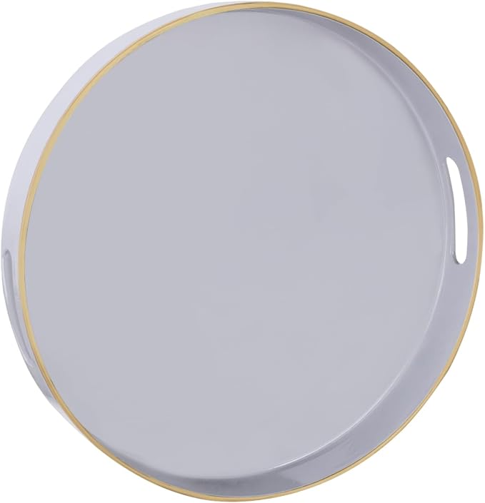 13" Gray Decorative Tray, Plastic Round Serving Tray with Handles | Grey Decorative Tray for Coffee Table, Modern Ottoman Tray, Circle Tea Tray, Round Melamine Tray for Living Room, Bathroom