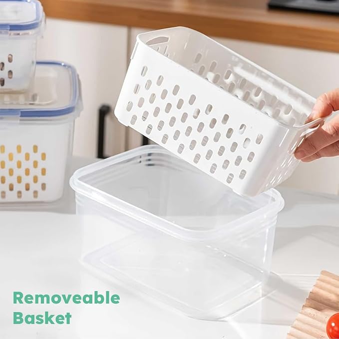2 Pack Fruit Storage Containers for Fridge with Removable Colanders, Dishwasher & Microwave safe Produce Storage Containers with Lids Keep Fruits, Vegetables, Berry, Meat Fresh longer
