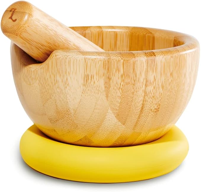 Loisa | Bamboo Mortar and Pestle with Silicone Base | 5.25" Mortar Bowl | Premium Latin Cooking Utensils | Yellow