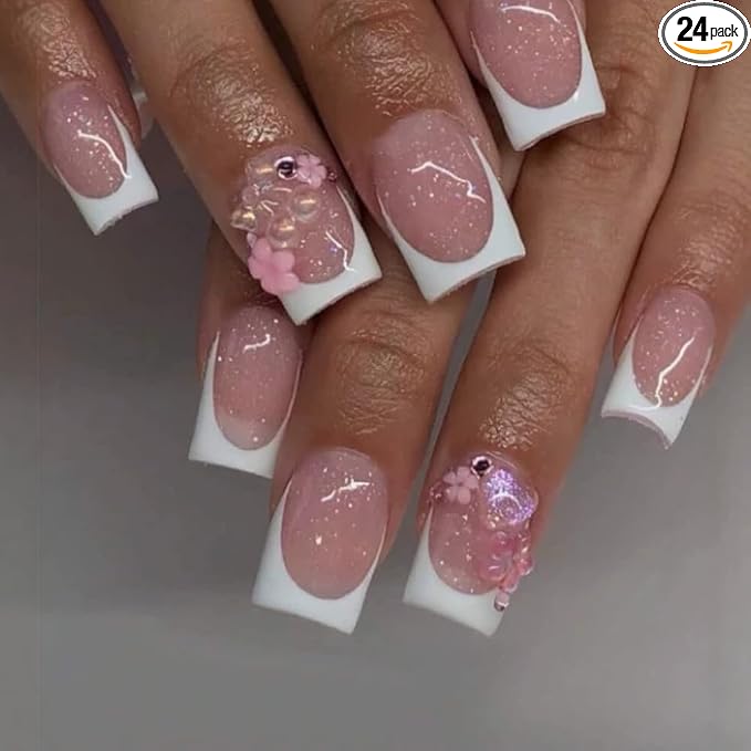 WLGDLH White French Tip Press on Nails Medium Square Fake Nails Press ons Nail Tips Kit with 3D Heart Flowers Design Nude Glossy False Nails Full Cover Glitter Glue on Nail for Women 24Pcs