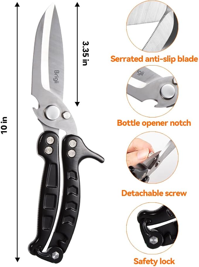 Brigii Kitchen Shears, Heavy Duty Poultry Shears, Detachable Scissors | Detachable blades, 304 stainless steel, built-in spring, safety lock, cuts bone, chicken, turkey, fish, seafood, Black