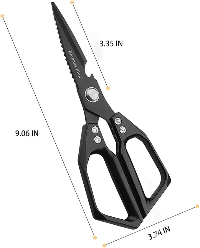 Heavy Duty Rust Proof Multi-Purpose Kitchen Shears(Black) | Suitable for Chicken, Fish, Steak and Vegetables. Built-In Fish Scaler & Bottle Opener, Dishwasher Safe.