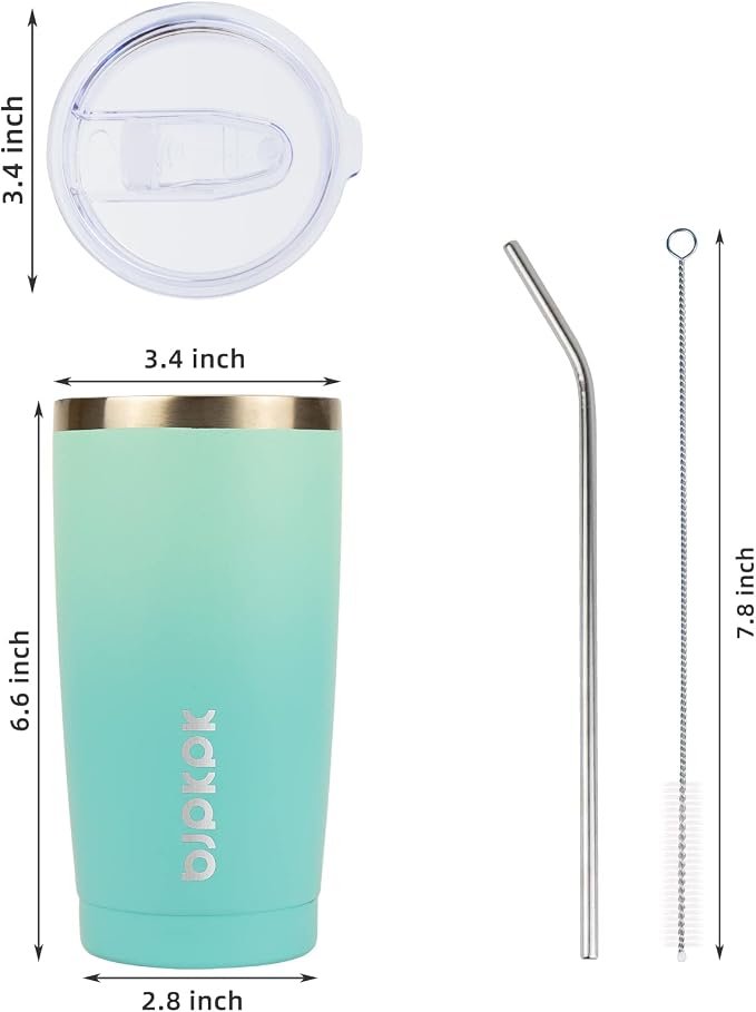 BJPKPK 20oz Coffee Tumbler with Lid & Straw, Insulated Stainless Steel Mug | Double Wall Vacuum, Keeps Hot/Cold, BPA Free, Leak Proof, Iced Coffee Cup Fit Car Holder, Travel & Beach, Mint