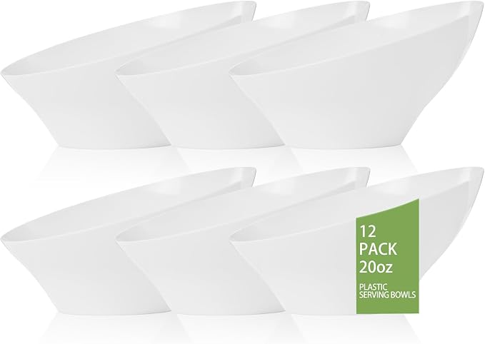 bUCLA 12 Pack White Plastic Serving Bowls - 20 OZ Angled Party Table Salad and Fruit Bowls Disposable for Chip&Candy, Ideal for Wedding