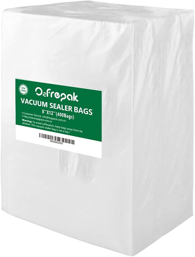 O2frepak Quart 8"x12" Vacuum Sealer Bags 400ct for Food Storage | BPA Free PreCut Food Grade,Commercial Grade,Heavy Duty Vacuum Food Freezer Bags,Great for Sous Vide Vacuum Sealer