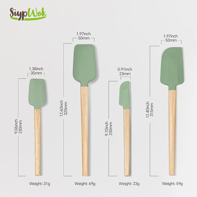 Silicone Spatula Set, Food Grade Rubber Spatula-4 Piece Nonstick Rubber Spatulas, Spoonula, Jar Scraper for Cooking, Baking, Mixing, Frosting - Heat Resistant Up to 600°F (4 Pcs Spatula Green)