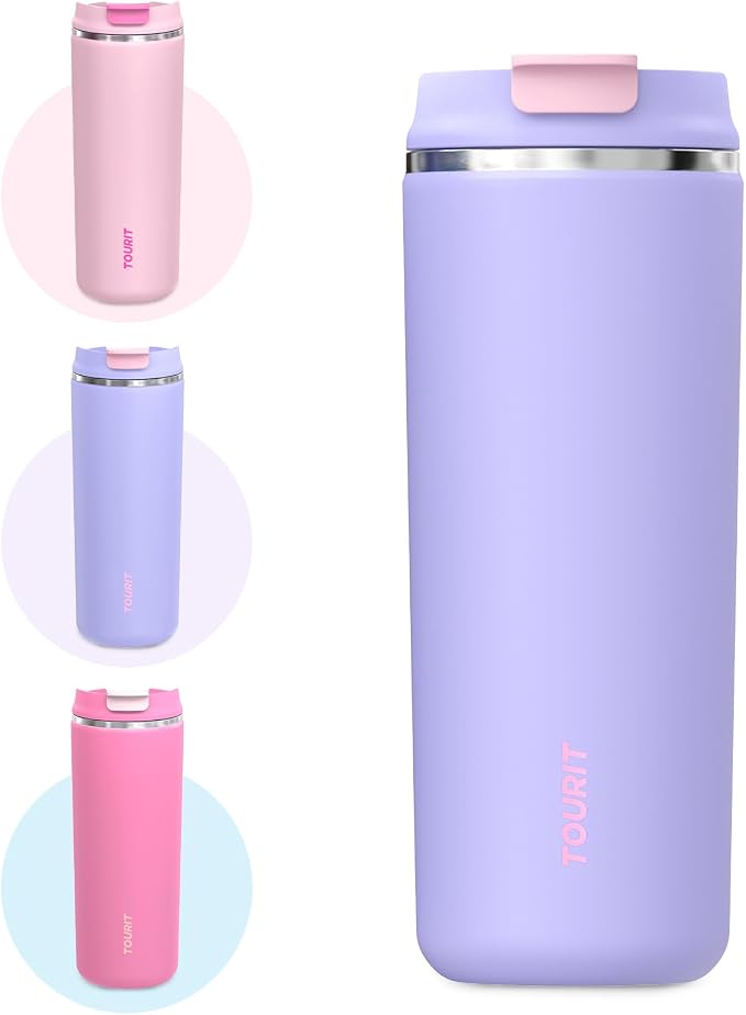 TOURIT 16 oz Insulated Stainless Steel Travel Mug with Lid, Leak-Proof Double-Wall Vacuum Tumbler, Reusable Coffee Cup - Purple