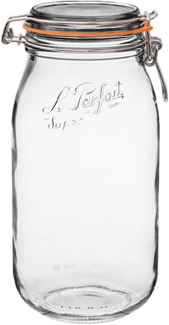 Le Parfait Super Jar 2L (64oz) Glass Canning Jar, Wire Bail Lid, 1 Pack | Airtight rubber seal for canning, preserving pickles, sauces and whole fruit, fermentation and pantry storage; Made in France