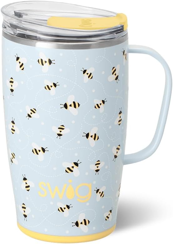 Swig Life 18oz Insulated Travel Mug with Handle & Lid, Busy Bee | Triple Insulated Stainless Steel - Handle & Lid Included - Keeps Coffee Hot or Cold - Cup Holder Friendly