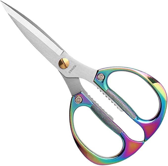 Multi-Purpose Kitchen Shears Scissors, Heavy Duty Stainless Steel Kitchen Scissors for Food with Strong Straight Edge Snips Colorful Handle (Iridescent Color)