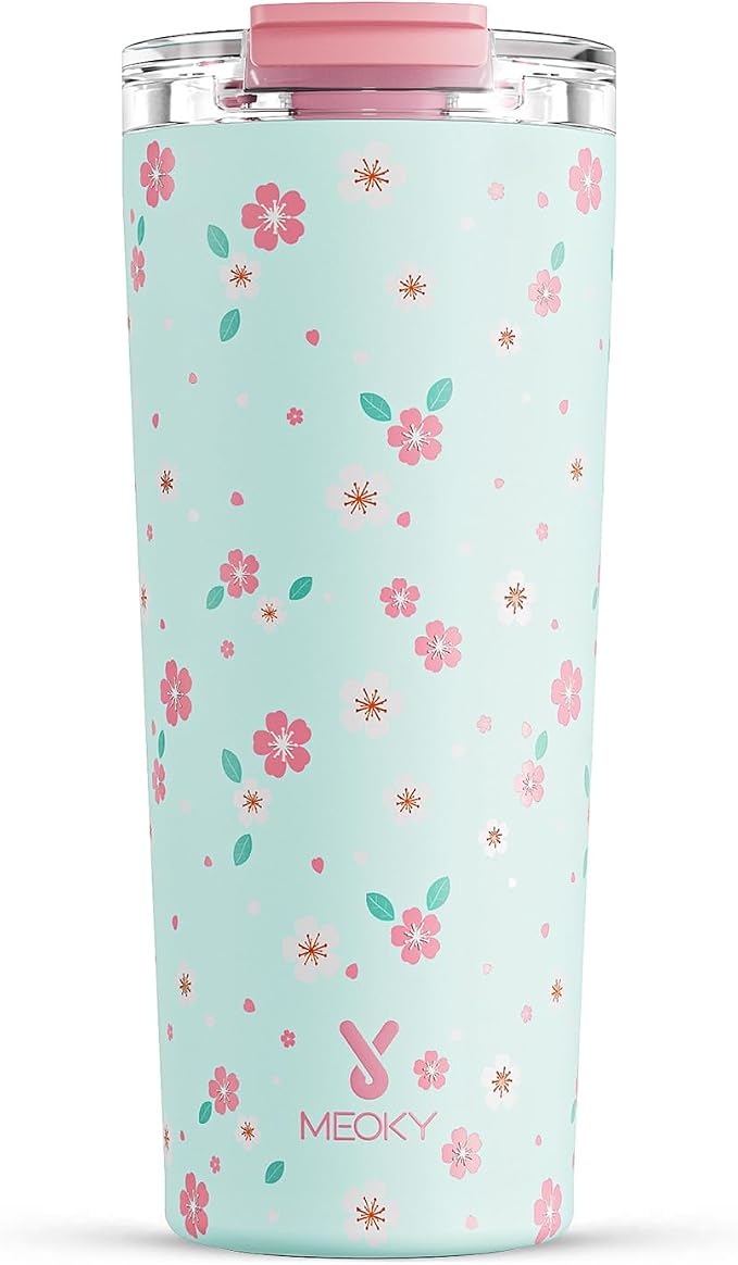Meoky 24 oz Insulated Travel Coffee Mug: Leak Proof Lid, Mint Petal | Stainless Steel Coffee Tumbler, Keeps Hot for 8 Hours or Cold for 24 Hours, Fits in Car Cup Holder, BPA Free