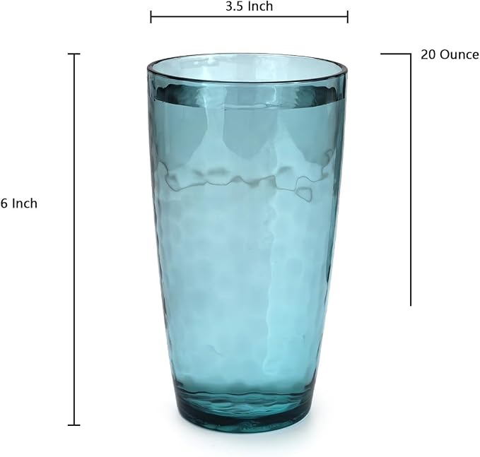 Yalin 20 Ounce Acrylic Drinking Glasses, Reusable Plastic Tumbler, Stackable, BPA-Free, Shatter Proof, Dishwasher Safe, Set of 6 Cups (Cyan)