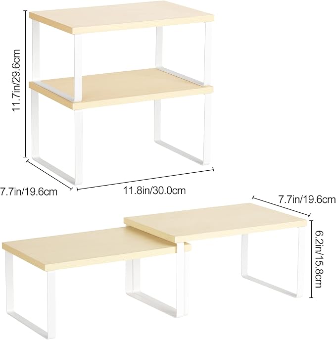 Counter Shelves Set of 4 Stackable Kitchen Cabinet Organizer Shelf and Expandable Wood Countertop Shelves for Bathroom Study Room, White | Expandable Wood Countertop Shelves, for Bathroom, Study Room, Home Office