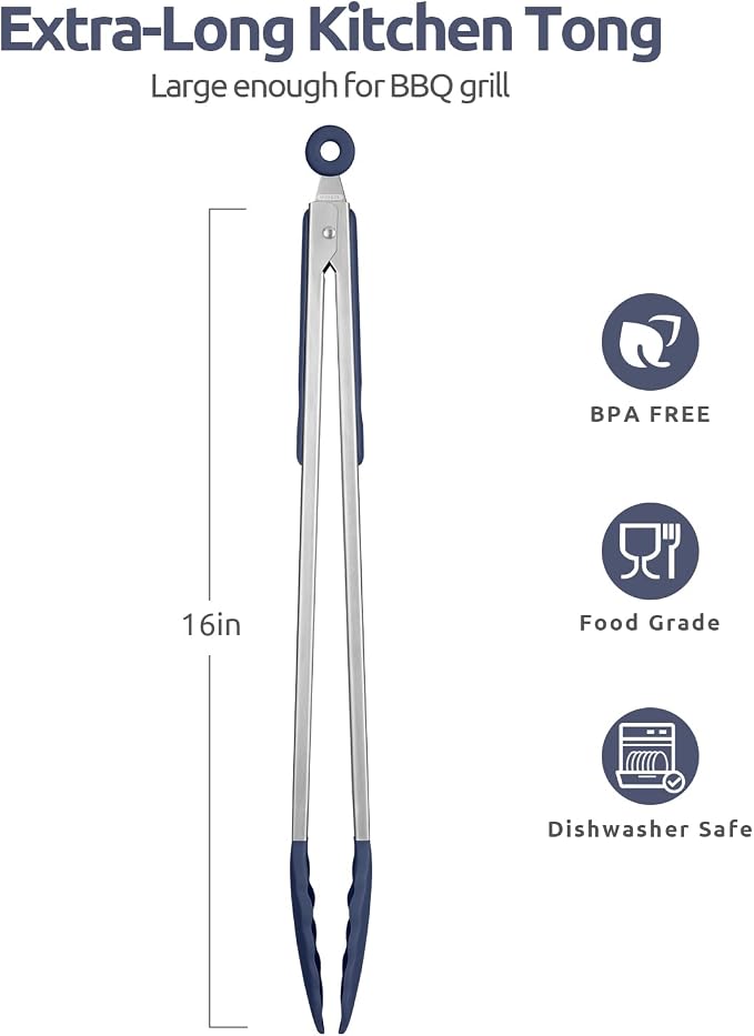 U-Taste Kitchen Tong for Cooking, 600ºF Heat-Resistant, 16in/Midnight Blue | Extra Long BBQ Tongs, Large Tong for Grilling/Grabbing, Big Thong with Nonstick Silicone Tps & 18/8 Stainless Steel Handle
