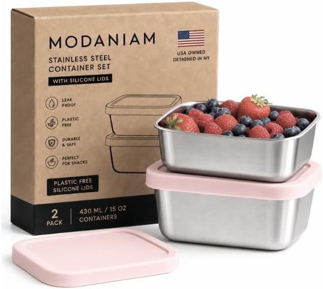 Flexibento - Leak proof Stainless Steel Snack Containers with Silicone Lids, Pink Set of Two: 2 * 14 OZ