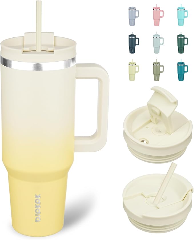 BJPKPK 40 oz Insulated Tumbler with Handle & Straw, Stainless Steel | Double Wall Vacuum Insulation, Leak Proof, BPA Free, Dishwasher Safe, Cupholder Friendly, Travel & Outdoor, Lemon