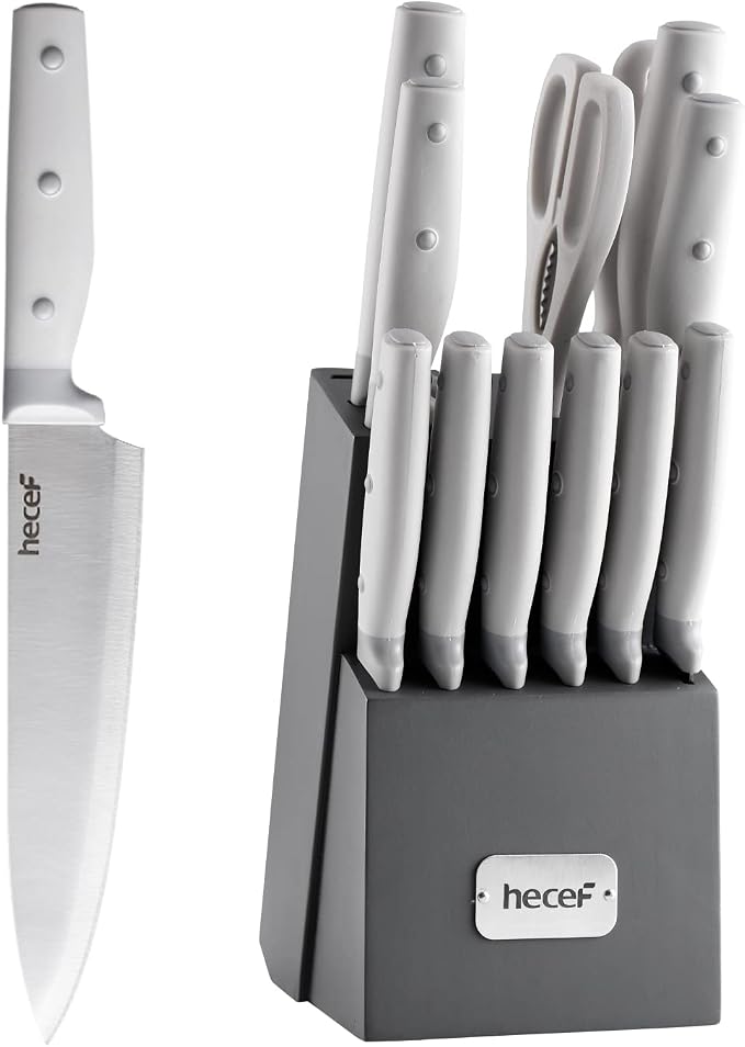 hecef Grey Kitchen Knife Block Set, 14 Pieces | Wooden Block, Sharpener Steel, All-purpose Scissors, High Carbon Stainless Steel