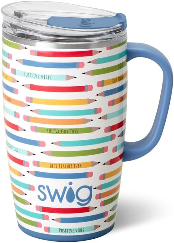 Swig Life 18oz Insulated Travel Mug with Handle & Lid, Teacher Life | Triple Insulated Stainless Steel - Handle & Lid Included - Keeps Coffee Hot or Cold - Cup Holder Friendly