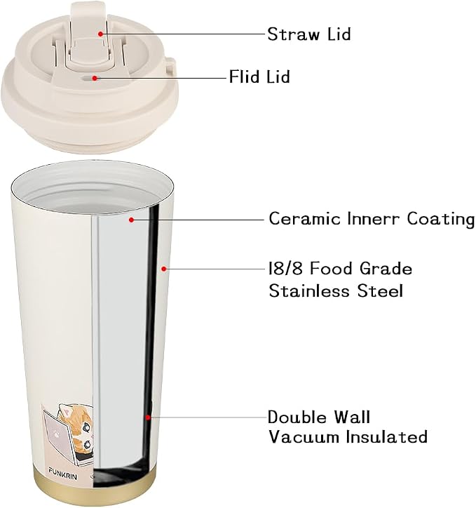 Funkrin Coffee Travel Mug with Flip Lid, 16oz Insulated Tumbler Cup with Ceramic Coating, Double Wall Vacuum Leak-Proof Tumbler for Office School Party Camping