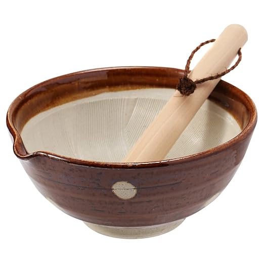 Japanese Ceramic Ripple Ridge Mortar & Pestle Suribachi Bowl and Surikogi Set with Spout 7.1 inches Made in Japan (Brown)