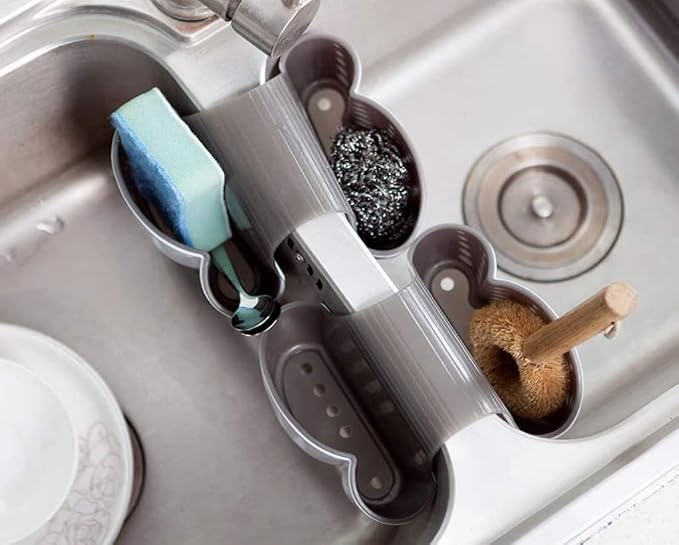 Sink Caddy Sponge Holder- Kitchen Sink Soap Holder-Plastic Saddle Faucet Caddy-Double Organizer for Brushes, Sponges, Soap, Utensils - Good Drainage