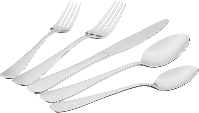 Amazon Basics Silverware Set, Stainless Steel Flatware, Dishwasher Safe, Service for 4, 20-Piece Forks and Spoons, Round Edge, Everyday Use (Pack of 2)