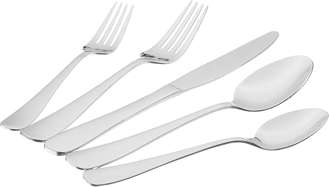 Amazon Basics Silverware Set, Stainless Steel Flatware, Dishwasher Safe, Service for 4, 20-Piece Forks and Spoons, Round Edge, Everyday Use