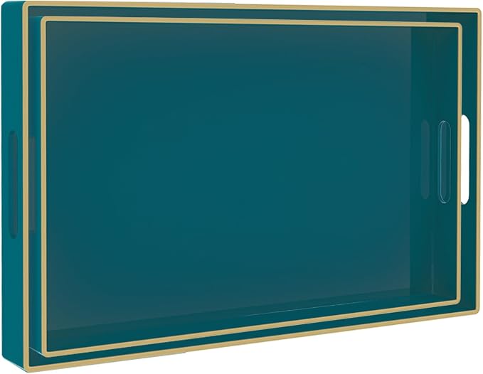 Green Serving Tray with Handles, Plastic Decorative Tray Set of 2 | Decorative Tray for Coffee Table, Modern Ottoman Tray, Rectangle Melamine Tray for Living Room, 15.8"L x 10.2"W x 1.4"H