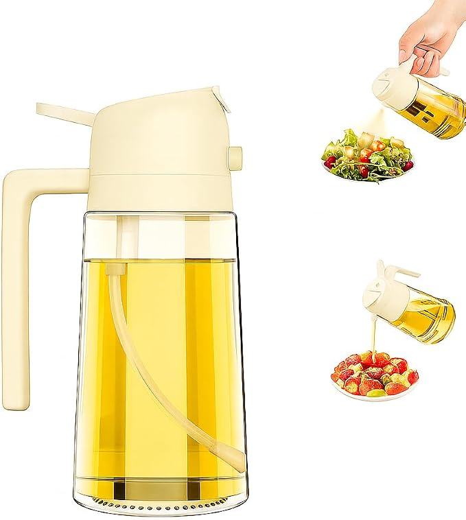 Glass Olive Oil Sprayer 16oz/470ml – 2-in-1 Oil Dispenser & Spray Bottle for Cooking, Portion Control, Salad, Air Fryer, BBQ – Leak-Proof, Fine Mist Bottle with 6 Decorative Labels (Creamy White)