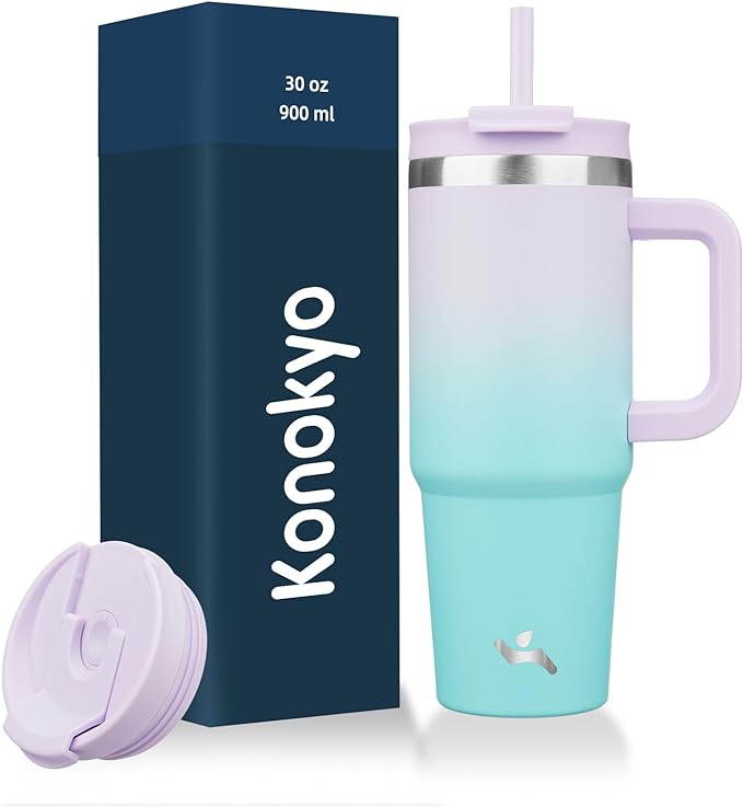 Konokyo 30 oz Insulated Tumbler Water Bottle with Handle, Straw Lid | BPA-free and dishwasher safe; made for gym, travel, coffee and gifting, 2 straws, cup holder friendly,Lavender Green