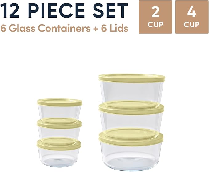 12-Piece Glass Food Storage Containers Set (6 Containers + 6 BPA-Free Lids) | 2-Cup & 4-Cup, Leakproof | Microwave, Freezer, Oven & Dishwasher Safe | Ideal for Meal Prep & Pantry Organization, Yellow