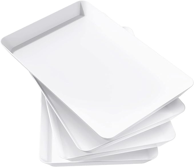 Lifewit 4 Pcs Large Serving Tray for Party, 15" x 10" Reusable Plastic Food Serving Platter for Dessert, Fruit, Cookies, Appetizers & Charcuterie, BPA-Free White Catering Trays for Buffets Display