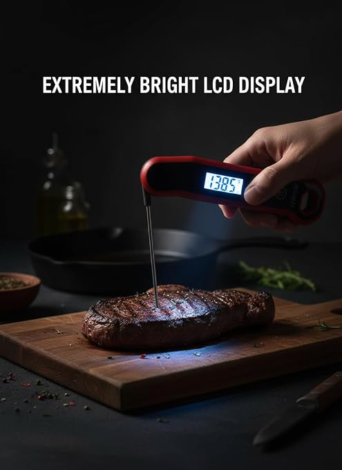 0.5 Sec Instant Read Meat Thermometer Digital with Auto Rotate Large LCD Display & Sleep Mode, ±0.5°F Accuracy, IP67 Waterproof Cooking Thermometer for BBQ Grill Smoker Candy