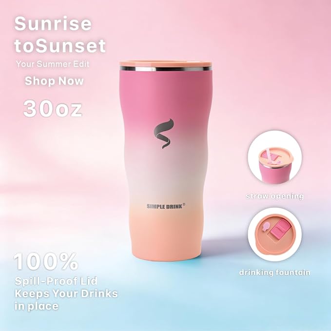30 oz Insulated Tumbler with Straw and Lid, Blush Pink Ombre | 18/8 stainless steel, double-wall vacuum insulation, BPA-free materials, reusable straw, for everyday hot and cold drinks.