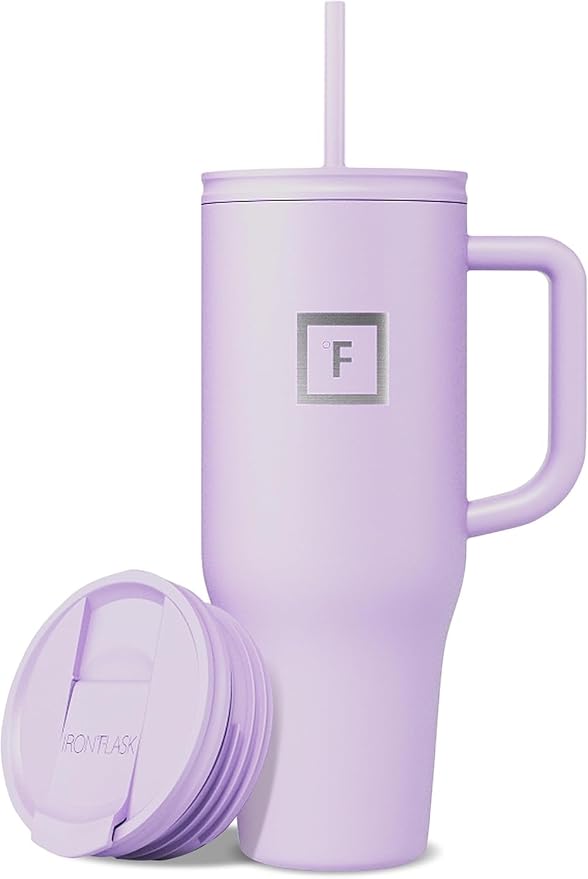 IRON °FLASK 40 oz Co-Pilot Insulated Travel Mug | Insulated Travel Mug with Straw & Flip Cap Lids - Cup Holder Fit, Leakproof, BPA Free (Lavender)