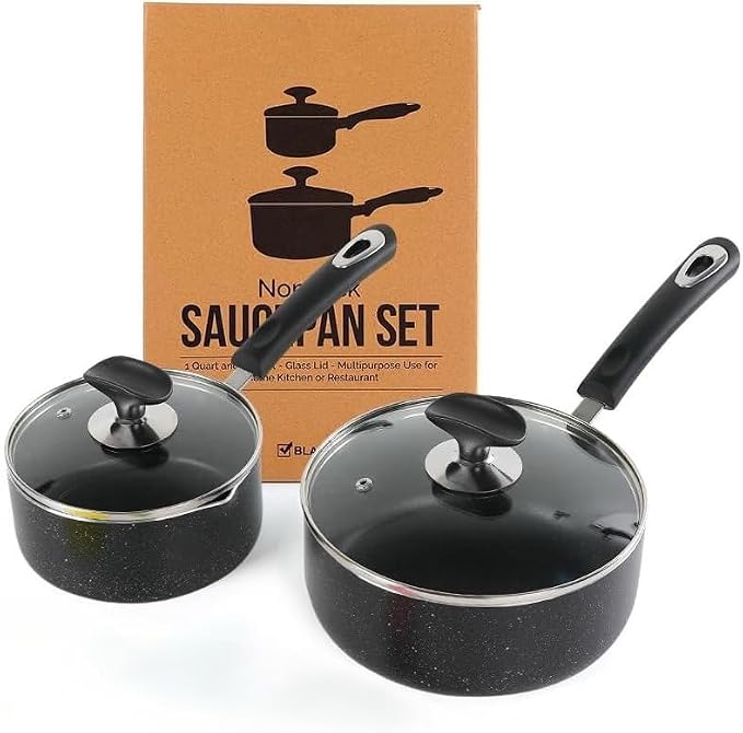 Nonstick Saucepan Set - 1 Quart and 2 Quart,Ultra Non Stick Sauce Pan Small Pot with Glass Lid,Great for Home Kitchen Restaurant,Black