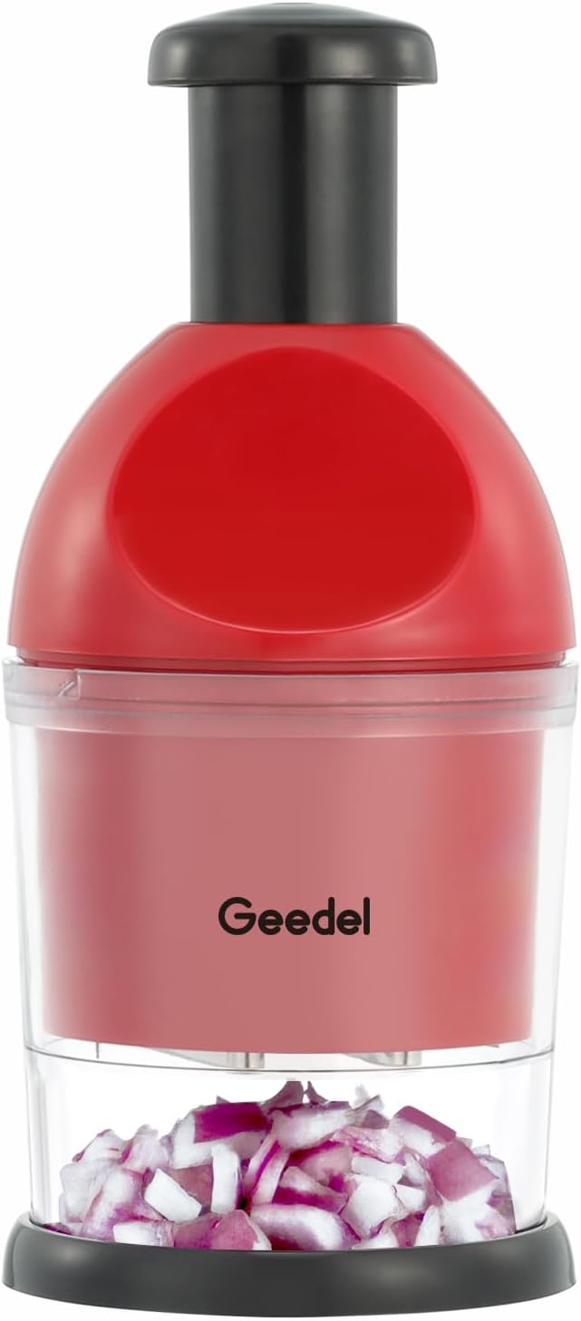 Geedel Food Chopper, Easy to Clean Manual Hand Vegetable Chopper, Dishwasher Safe Slap Onion Cutter for Veggies Onions Garlic Nuts Salads Red | Hand Chopper for Veggie Onions Garlic Nuts Salads, Fast & Even Chopping, Sharp Stainless Steel Blade, Dishwa...