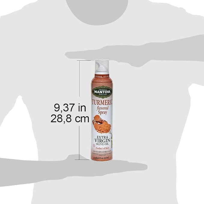 Mantova Turmeric Flavored Extra Virgin Olive Oil Spray, heart-healthy cooking spray perfect for salads, pasta sauces, 100% natural cooking oil made in Italy, olive oil dispenser bottle sprays, drips, or streams with no waste, 8 oz