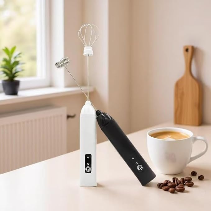Rechargeable Milk Frother Handheld Electric Frother Wand Coffee Foam Maker with 2 Stainless Stee Whisks & 3 Speeds,Drink Mixer Handheld for for Latte, Cappuccino, Hot Chocolate, Matcha, Egg (White)