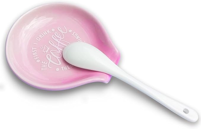 Funny Coffee Quote First I Drink The Coffee Then I Do The Things Ceramic Spoon Holder-Light Purple Coffee Spoon Rest -Cafe Station Bar Accessories